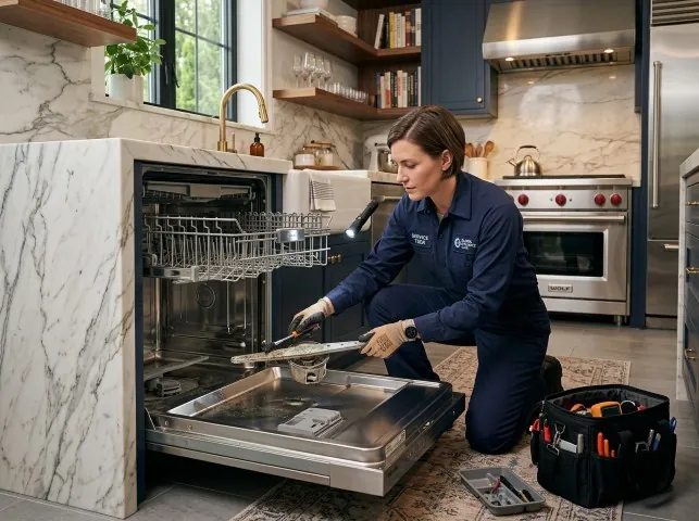 Appliance Repair Hero technician servicing a built-in dishwasher in a Allentown, PA kitchen
