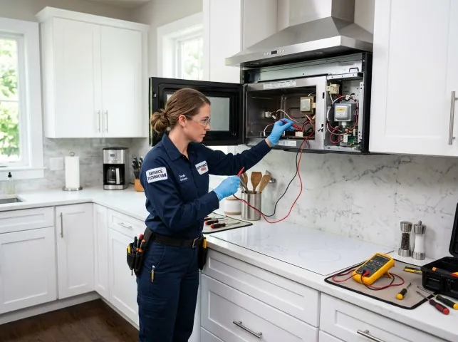 Appliance Repair Hero technician testing an over-the-range microwave in a Allentown, PA kitchen