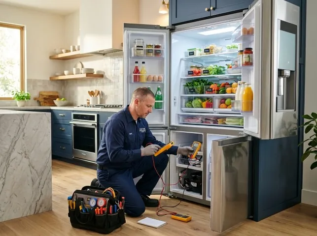 Appliance Repair Hero refrigerator technician testing a fridge on a Allentown, PA service call